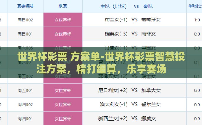 世界杯彩票 方案单-世界杯彩票智慧投注方案，精打细算，乐享赛场