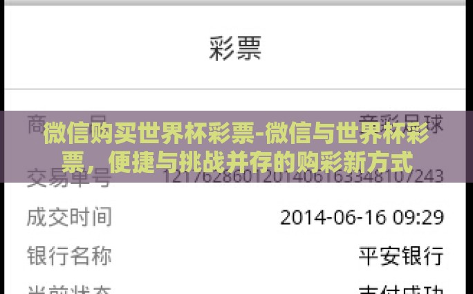 微信购买世界杯彩票-微信与世界杯彩票，便捷与挑战并存的购彩新方式