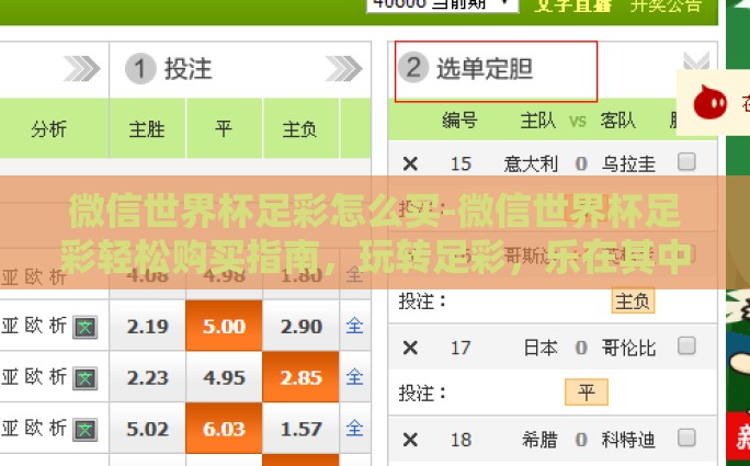 微信世界杯足彩怎么买-微信世界杯足彩轻松购买指南，玩转足彩，乐在其中